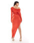 ASOS DESIGN long sleeve asymmetric neckline slinky midi dress in tomato red