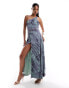 ASOS DESIGN mesh asymmetric one shoulder ruched maxi dress with side split in green & lilac print