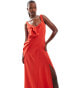 Фото #3 товара ASOS DESIGN premium draped rose detail off shoulder fishtail maxi dress in red