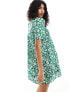 & Other Stories mini swing dress with puff sleeves in green floral print