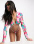 Фото #4 товара ASOS DESIGN mix and match long sleeve keyhole wrap bikini top in pink abstract smudge print