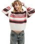 Monki mock neck chunky knit sweater in off white with multi-coloured stripes