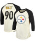 Фото #1 товара Men's T.J. Watt Cream, Black Pittsburgh Steelers Vintage-Inspired Player Name Number Raglan 3/4 Sleeve T-shirt
