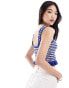 Stradivarius crochet crop top with ruffle hem in blue stripe BLAU, M - фото #2