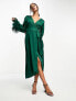 Фото #1 товара TFNC satin midi wrap dress with faux feather cuffs in emerald green