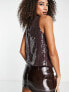 Фото #3 товара ASOS DESIGN embellished wrap neck festival blouse with pleat shoulder in chocolate sequin