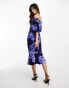 True Violet bardot midi dress with pephem in bright blue floral print