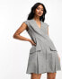 ASOS DESIGN plunge neck super mini dress with pleat skirt and pocket detail in grey check