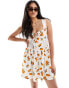 Фото #1 товара ASOS DESIGN square neck ruched bust mini dress with lace inserts in orange fruit print