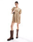 Wednesday's Girl grid check mini wrap smock dress in taupe