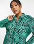 ASOS DESIGN Curve plisse long sleeve mini shirt dress in green zebra