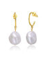Sterling Silver 14k Yellow Gold Plated with Baroque Oval White Freshwater Pearl Dangle Drop C-Hoop Earrings