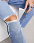 ASOS DESIGN tapered fit jeans with busted knees in mid wash blue - MBLUE