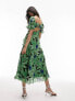 Topshop lace up back occasion midi dress with raw seams in green floral print