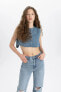 Afra x DeFacto Crop Top Sırt Dekolteli Jean Bluz C1420AX24SM