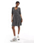 Monki button through mini dress in black and white floral print