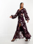 Фото #5 товара ASOS DESIGN Petite plunge pintuck maxi dress with cut out and frills in oxblood metallic floral jacquard