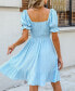 Women's Baby Blue Square Neck Puff Sleeve Mini Milkmaid Beach Dress