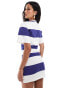 ASOS DESIGN crew neck mini t shirt dress with ruched side in white & navy stripe