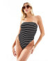 Фото #1 товара Free Society crinkle bandeau swimsuit in black stripe with removable straps