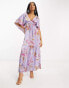 ASOS DESIGN satin flutter sleeve v-neck maxi dress with tier hem in lilac paisley print