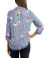Juniors' Floral Button-Front Roll-Sleeve Blouse
