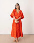 ASOS EDITION broderie wide sleeve plunge midi dress in red Красный, 34 - фото #1