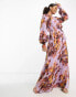 ASOS DESIGN elasticated neck trapeze maxi dress with tie waist and shirred cuff in bold floral print