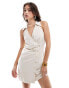 Фото #1 товара Mango cinched waist linen mix sleeveless mini dress in beige