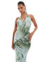 Фото #4 товара ASOS DESIGN mesh twist halter maxi dress with drape bodice in tonal green shell print