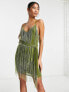 ASOS DESIGN embellished fringe mini dress with tie waist detail in lime