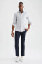 Slim Fit Polo Yaka Baskılı Dokulu Uzun Kollu Pamuklu Gömlek