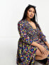 ASOS DESIGN Curve midi smock dress with shirred cuffs in black based multi floral print