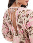 YAS pleated ruched full sleeve mini dress with low v beck in pink floral - MULTI Stein mit Rosa, XS - фото #8