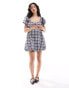 Фото #3 товара ASOS DESIGN puff sleeve mini smock dress with puff ball hem in navy gingham