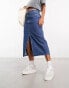 Only denim midi skirt with front split in mid blue