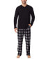 ფოტო #1 პროდუქტის Men's Cabin 2-Pc. Solid Long-Sleeve V-Neck T-Shirt & Plaid Fleece Pajama Pants Set