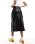 Pieces faux leather high waisted midi skirt in black