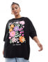 Фото #2 товара Yours printed boxy t-shirt in black with floral graphic