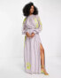 Фото #1 товара ASOS DESIGN high neck maxi dress with tie waist detail and stencil floral embroidery in lilac