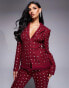 Фото #2 товара ASOS LUXE embellished boucle blazer co-ord with faux feather hem in Burgundy