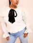 Фото #4 товара ASOS LUXE Curve cotton poplin frilled top with contrast velvet pussybow in white