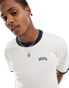 Hollister – Schweres Ringer-T-Shirt in Creme/Marineblau mit College-Logo und kastigem Schnitt