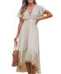 ფოტო #1 პროდუქტის Women's Neutral V-Neck Ruffled Sleeve Lace Hem Midi Beach Dress