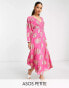 Фото #1 товара ASOS DESIGN Petite belted batwing maxi tea dress in pink metallic jacquard