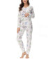 Фото #4 товара Women's Printed Microfleece V-neck Long Sleeve Top with Jogger 2 Pc Pajama Set
