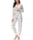 Women's Printed Microfleece V-neck Long Sleeve Top with Jogger 2 Pc Pajama Set