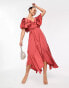 ASOS DESIGN satin v front v back ruffle midi dress in washed satin in rose