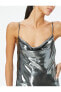 Parlak Metalik Midi Abiye Elbise İnce Askılı Degaje Yaka