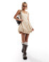 COLLUSION twill mini puffball dress with corset and ribbon detail in cream Бежевый, 40 - фото #1